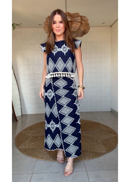 Saia Bordada Nicole Azul Marinho - LUCIELENA LARA