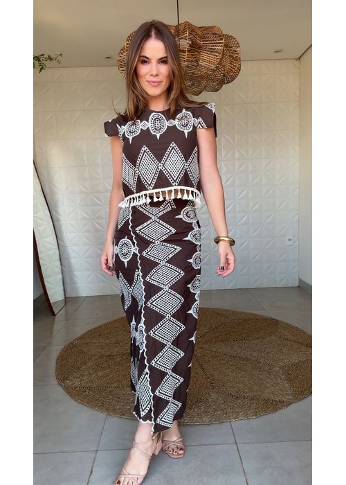 Saia Bordada Nicole Marrom Cafe - LUCIELENA LARA