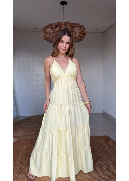 Vestido Longo Alcinha Betina Amarelo Mantega - LUCIELENA LARA