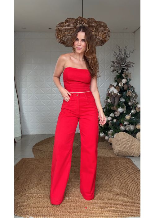 Calça Jeans Wide Leg Laura Vermelha - LUCIELENA LARA