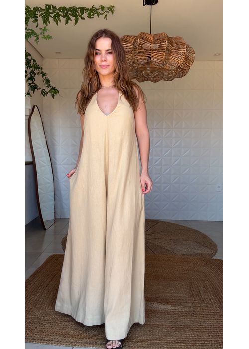 Macacão Frente Única Pantalona Bege - LUCIELENA LARA