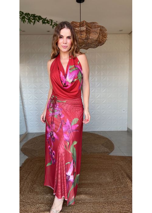 Saia Midi Floral Orquidea Estampado - LUCIELENA LARA