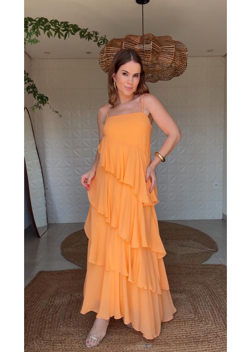 Vestido Sem Alça Babados Irregulares Laranja - LUCIELENA LARA