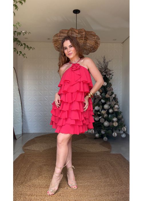 Vestidos Camadas Flor Chiclé Vermelha - LUCIELENA LARA