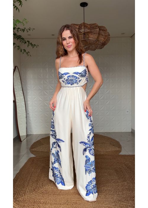 Macacão Pantalona Coqueiro Tropical Estampado - LUCIELENA LARA