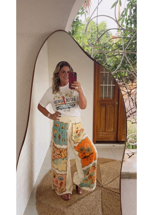 Calça Pantalona Souvenir Litoral Estampado - LUCIELENA LARA