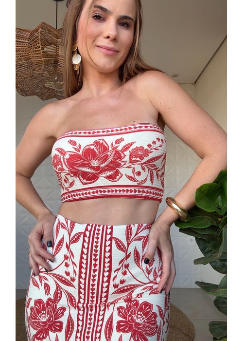 Top Sem Alça Double Coqueiro De Flor Estampado - LUCIELENA LARA