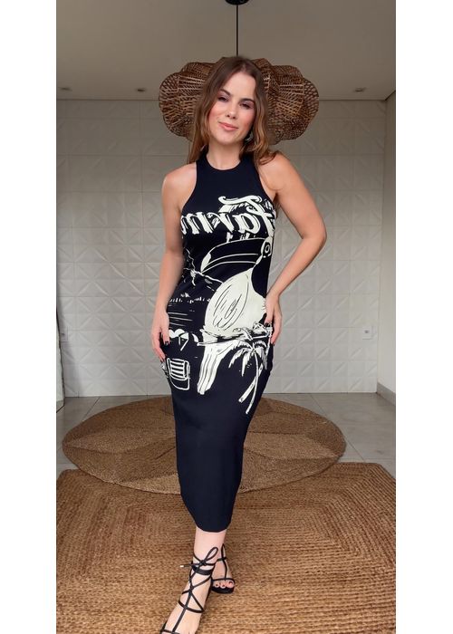 Vestido Midi Rib Tucano Praia Preto Escuro Estampa... - LUCIELENA LARA