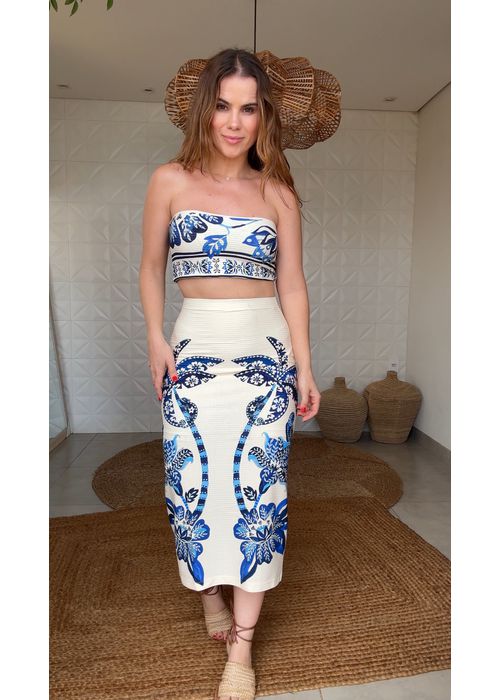 Saia Midi Reta Coqueiro Tropical Estampado - LUCIELENA LARA