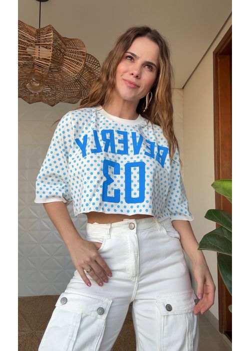 Tshirt Cropped Poá Berverly Azul - LUCIELENA LARA