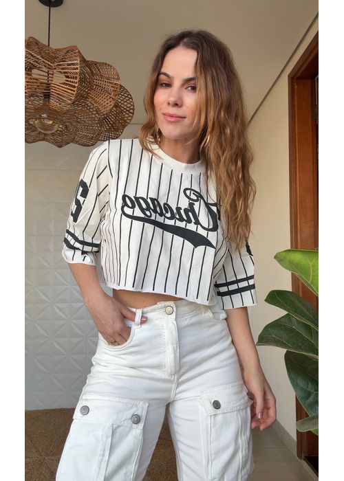 Tshirt Cropped Listra Fina Chicago Preto - LUCIELENA LARA