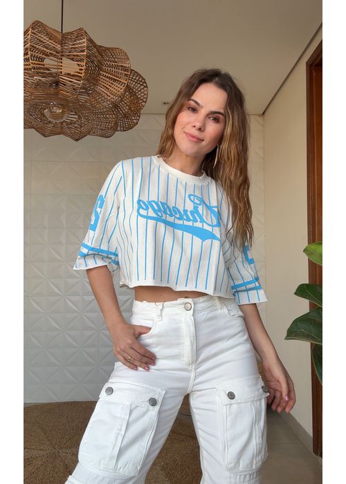 Tshirt Cropped Listra Fina Chicago Azul - LUCIELENA LARA