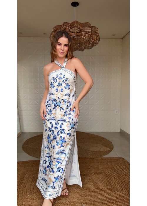 Vestido Cropped Azulejaria Estampado - LUCIELENA LARA
