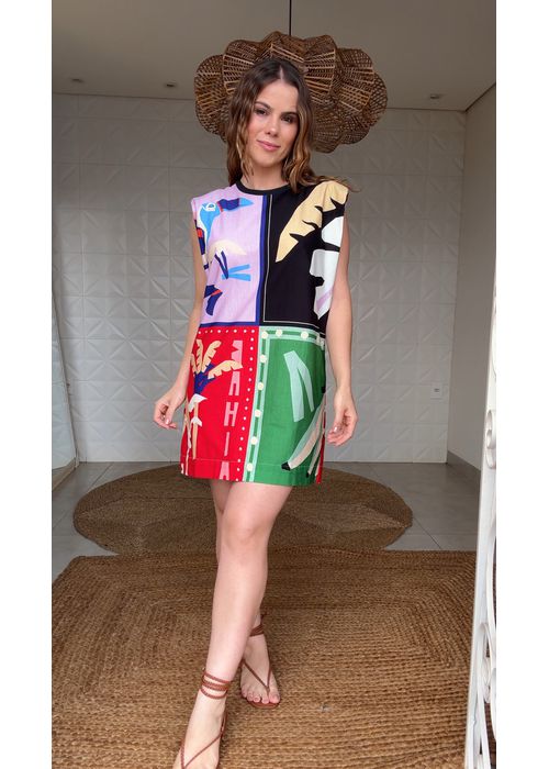 Vestido Curto Ombreira Lenço Brasil Estampado - LUCIELENA LARA