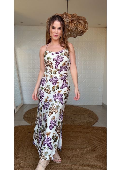 Vestido Longo Alça Romance De Uva Estampado - LUCIELENA LARA