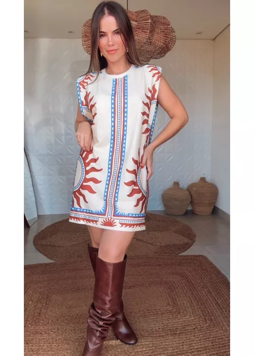 Vestido Curto Ombreira Lenço Solar Estampado - LUCIELENA LARA