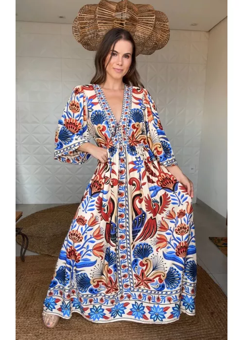 Vestido Longo Manga Sonho De Mar Estampado - LUCIELENA LARA