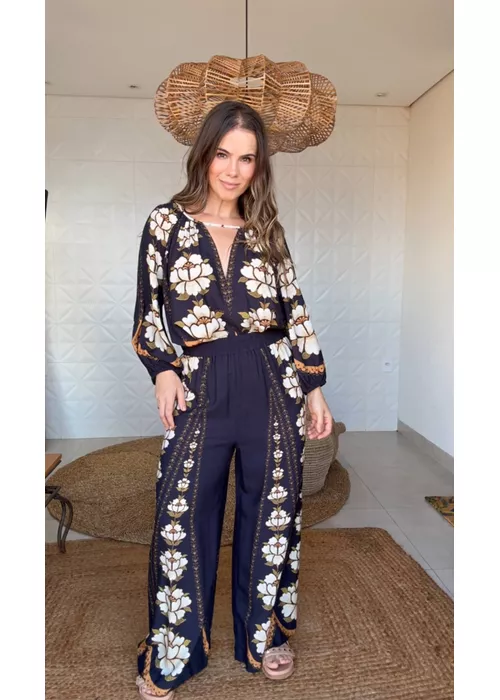 Calça Flor Bordada Estampado - LUCIELENA LARA