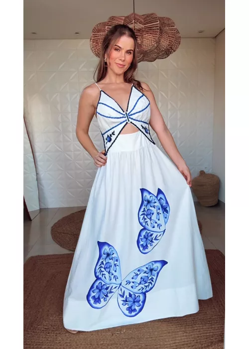 Vestido Longo Borboleta De Porcelana Estampado - LUCIELENA LARA