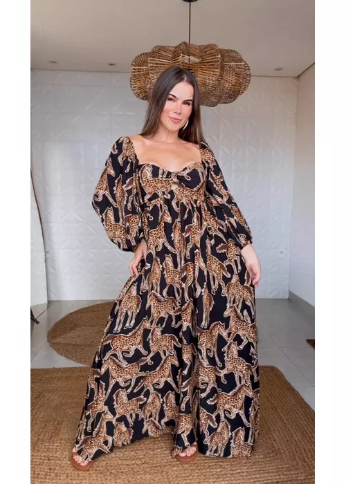 Vestido Longo Cavalo Onça Estampado - LUCIELENA LARA