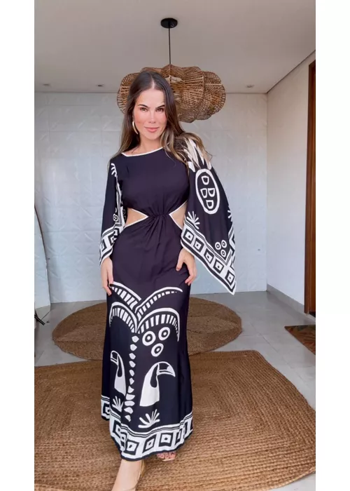 Vestido Manga Lenço Tropicano Estampado - LUCIELENA LARA