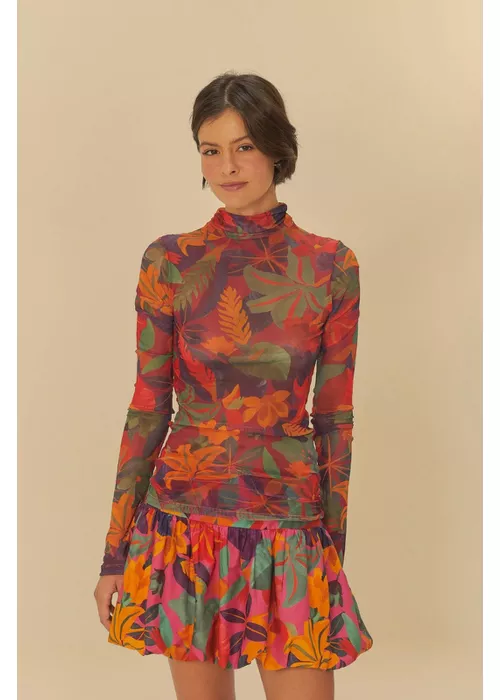Blusa Gola Tule Floral Tropical Estampado - LUCIELENA LARA