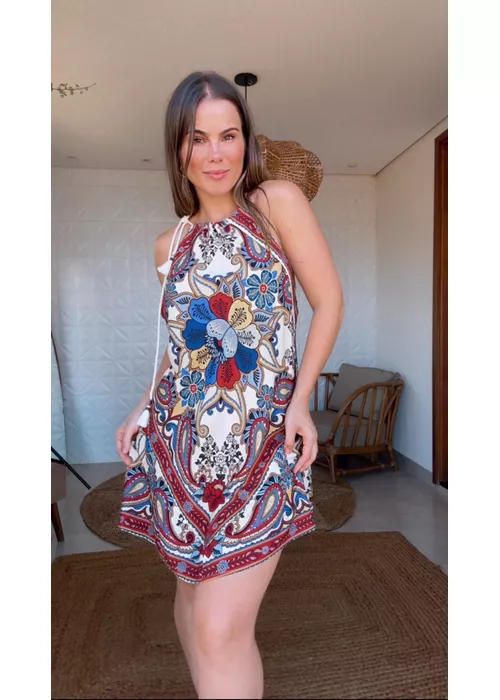 Vestido Curto Lenço Borboleta Retro Estampado - LUCIELENA LARA