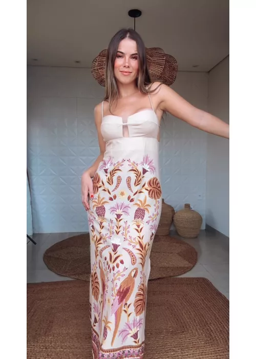 Vestido Longo Alça Tapeçaria Tropical Estampado - LUCIELENA LARA