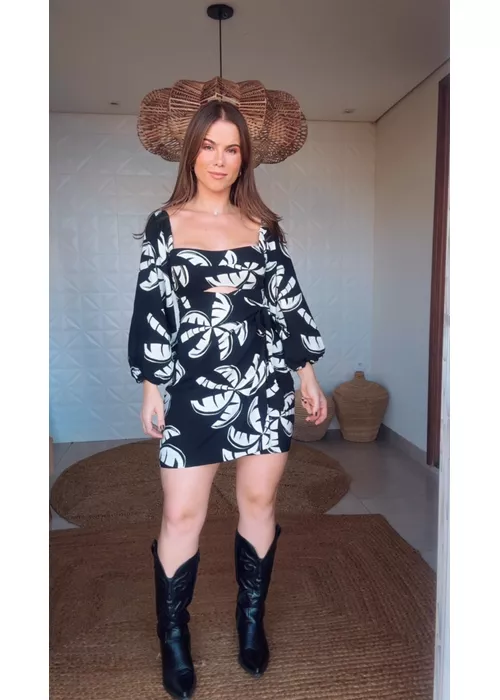 Vestido Curto Manga Coqueirada Estampado - LUCIELENA LARA