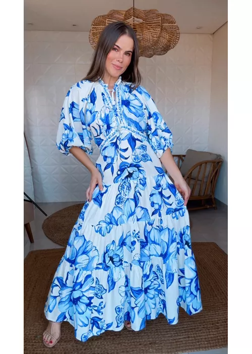 Vestido Longo Manga Chita Porcelana Estampado - LUCIELENA LARA