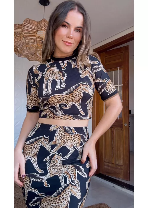 Blusa Cropped Cavalo Onça E Estampado - LUCIELENA LARA
