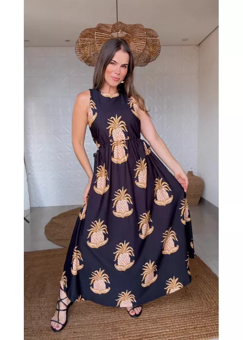 Vestido Midi Amalfi Abacaxi Estampado - LUCIELENA LARA