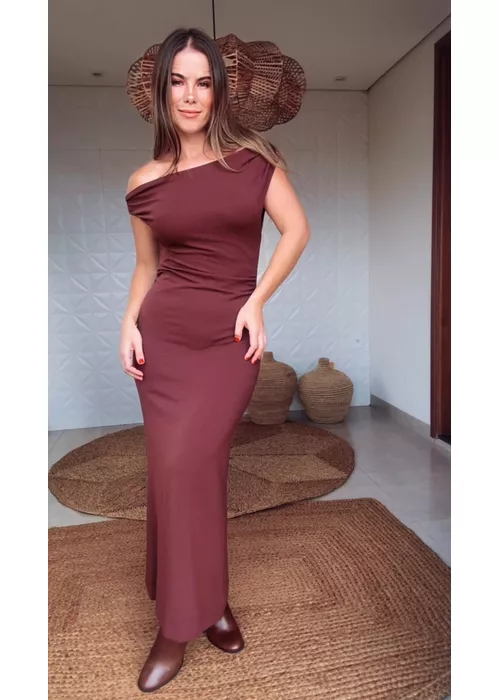 Vestido Decote Assimétrico Textura Marrom - LUCIELENA LARA