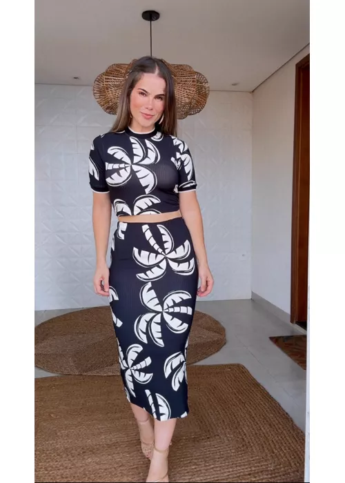 Saia Midi Coqueirada Estampado - LUCIELENA LARA