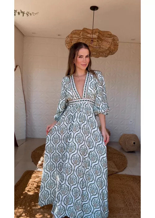 Vestido Longo Brilho De Abacaxi Estampado - LUCIELENA LARA