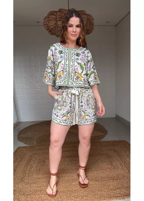 Tshirt Cropped Azulejaria Estampado - LUCIELENA LARA