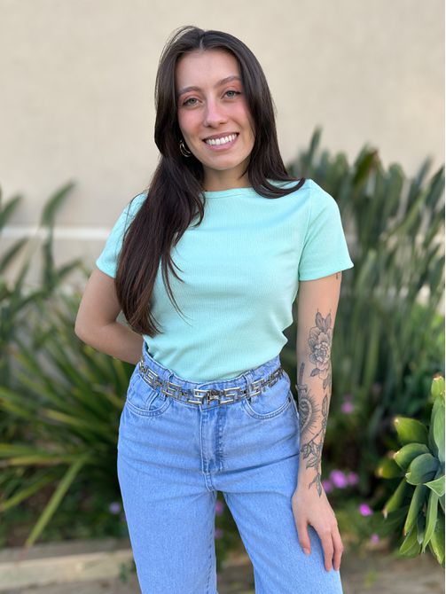 Blusa Baby Look Fiona Manga Curta VERDE ÁGUA - LOJA TUTTI FRUTTI