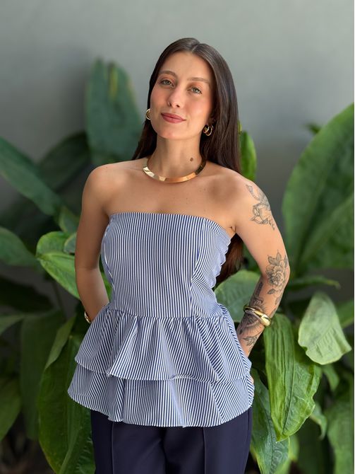Blusa Doroti Sem Alças com Babados LISTRA FINA AZU... - LOJA TUTTI FRUTTI