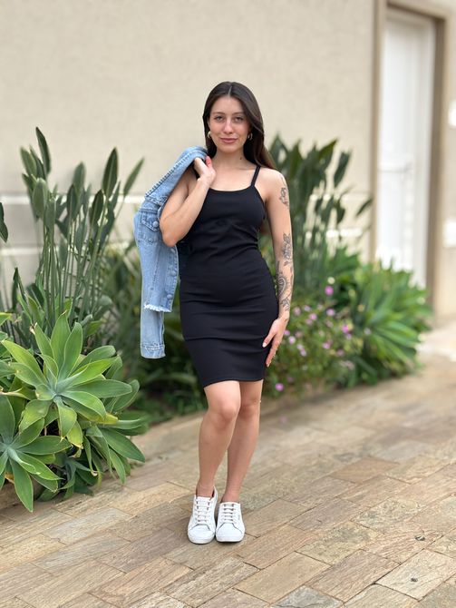 Vestido Curto Francine em Malha Anarruga PRETO - LOJA TUTTI FRUTTI