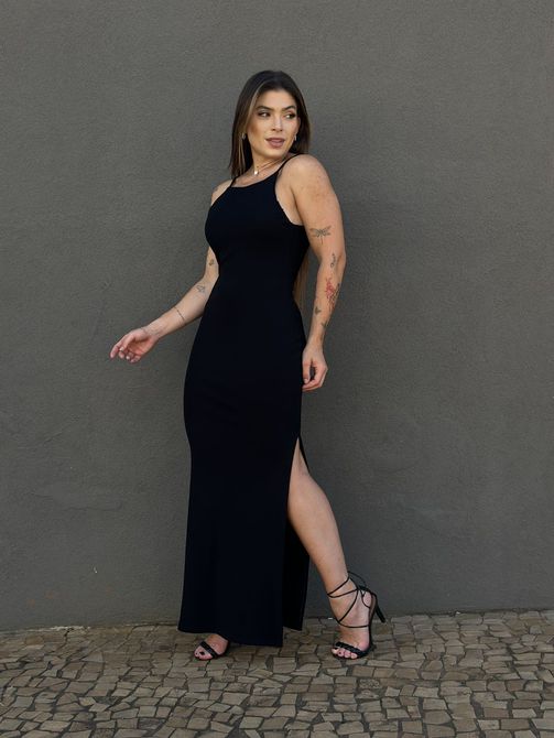 Vestido Longo Alças Finas Costas Nua PRETO - LOJA TUTTI FRUTTI