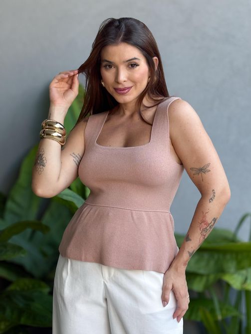Blusa Peplum em Tricot Modal BEGE - LOJA TUTTI FRUTTI