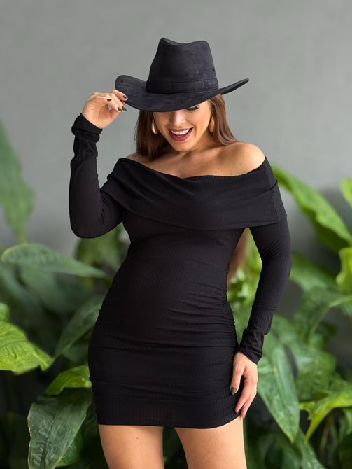 Vestido Curto Canelado Pala Ombro a Ombro PRETO - LOJA TUTTI FRUTTI