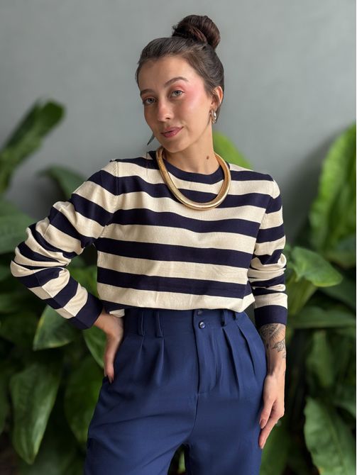 Blusa Tricot Listrada Manga Longa AZUL MARINHO COM... - LOJA TUTTI FRUTTI