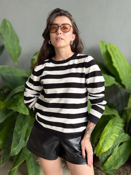 Blusa Tricot Listrada Manga Longa BRANCO COM PRETO - LOJA TUTTI FRUTTI