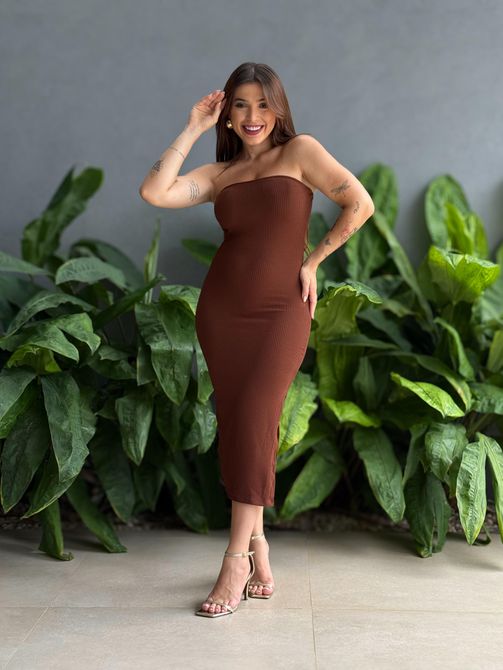 Vestido Midi Julia Sem Alças MARROM - LOJA TUTTI FRUTTI