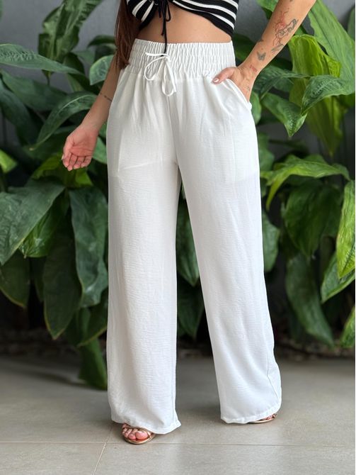 Calça Pantalona com Elástico no cós OFF WHITE - LOJA TUTTI FRUTTI