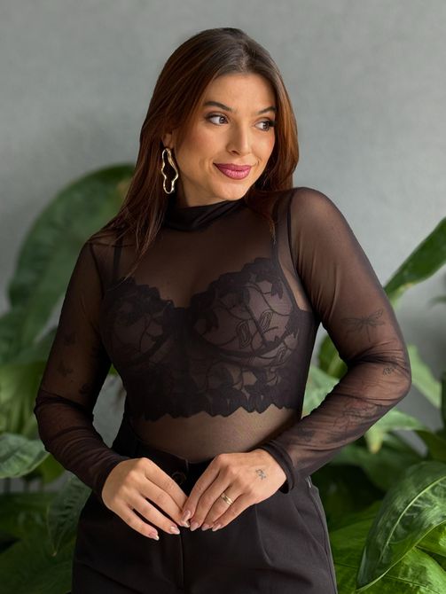 Body em Tule Manga Longa PRETO - LOJA TUTTI FRUTTI