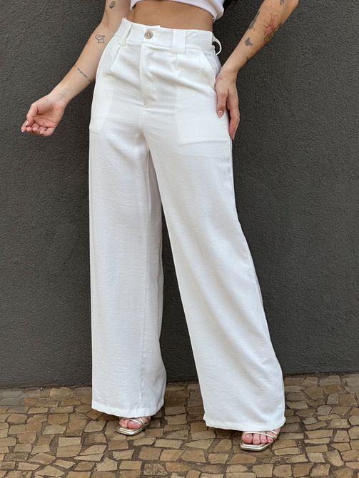 Calça Pantalona Felipa em Liocel OFF WHITE - LOJA TUTTI FRUTTI