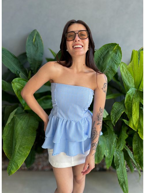 Blusa Doroti Sem Alças com Babados LISTRA FINA AZU... - LOJA TUTTI FRUTTI