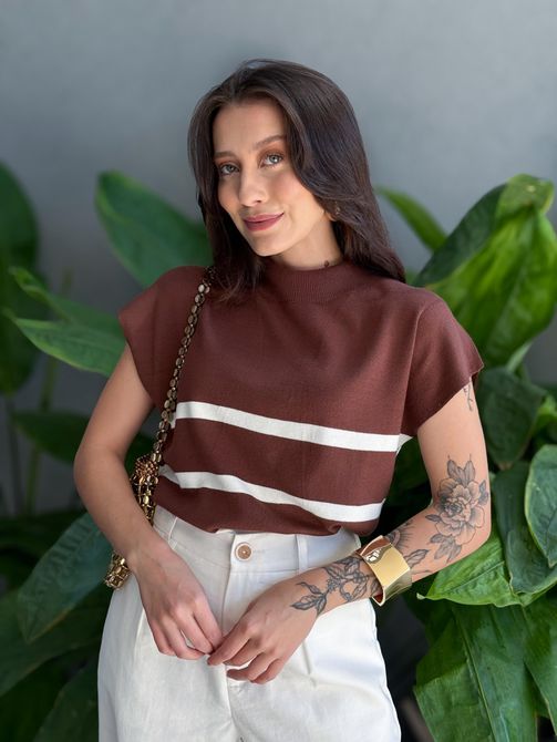 Blusa Marina Em Tricot Listrado MARROM COM BRANCO - LOJA TUTTI FRUTTI